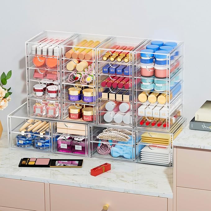 Acrylic 2-Pack 7-Drawer Makeup & Storage Organizer for Bath,Desk | Smooth-glide drawers, clear body, dustproof, wipe clean, for office supplies, pens, rings, earrings, tweezers, cotton swabs - Image 2