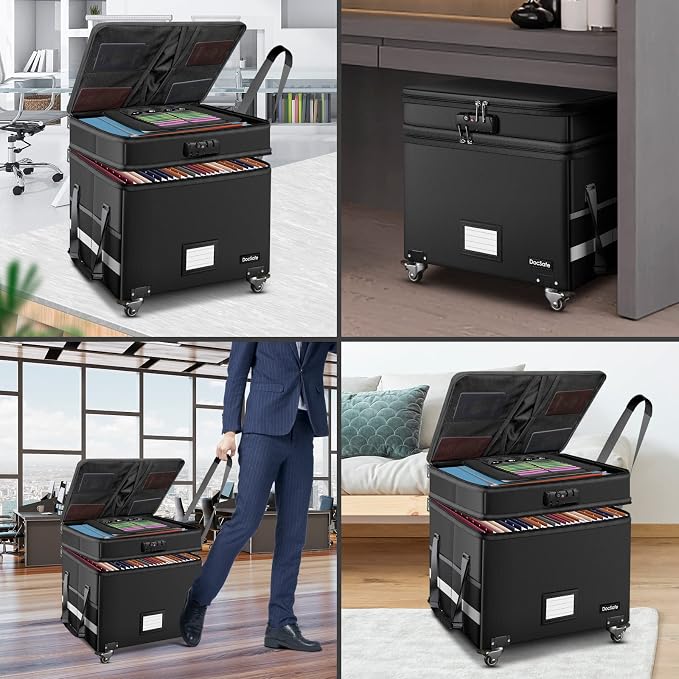 DocSafe Fireproof Document Box with Lock,2-Layer File Box with Wheels,Collapsible File Storage Organizer with Pockets,Large Portable Home Filing Cabinet for Hanging Folders,Black,16''x13.8''x12.2'' - Image 3