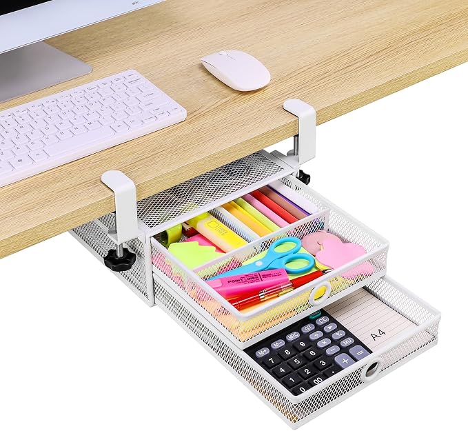 ROSYLINE Under Desk & Desktop Drawer Organizer, 2-Tier Big Capacity | Steel Construction, Clip-On No Drill Installation, Fits A4 Paper, for Office & Household Supplies by ROSYLINE