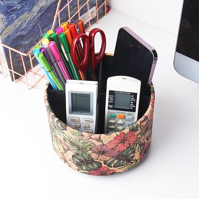 Round Leather Art Supply Organizer,Remote Control Holder,360 Degree Spinning,Multi-Functional Pencil Holder,4 Compartments Desktop Stationary Organizer(1-Wood Leather Banana)
