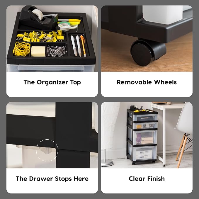 IRIS USA 4-Drawer Rolling Storage Cart, Black/Clear | Keep craft supplies, office essentials, classroom items, and accessories organized with easy-access drawers for daily use - Image 7