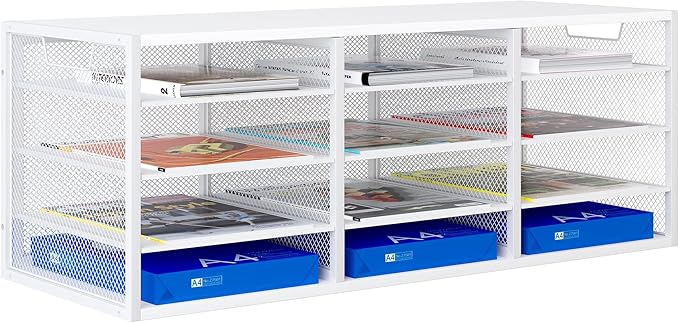 Mail Sorter Adjustable Countertop Mail Holder, Heavy Duty Literature Organizer, Student Mailbox for Classroom, Desktop Bill Paper Organizer for Office Home School, 12 Compartments, White by PAG-Mass