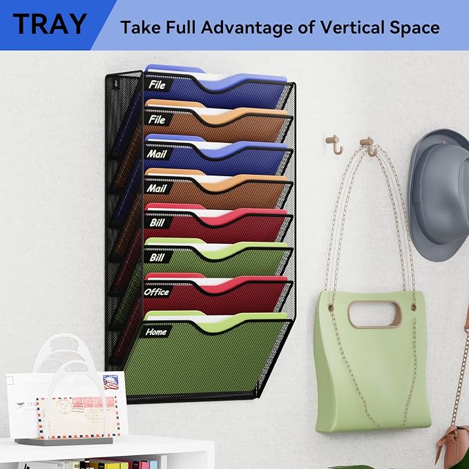 8 Pockets Hanging Wall File Organizer Mail Holder, Wall Mounted Paper Document Folder Holder, Clipboard Storage Organization Magazine Rack, Black - Image 7