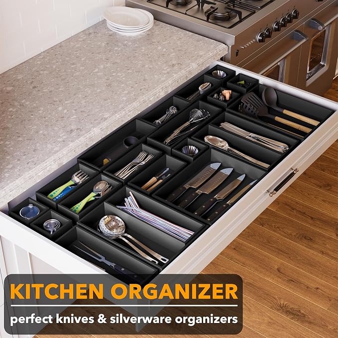 SpaceAid 21-Piece Bamboo Drawer Organizer Storage Boxes Set, Wood Tray Junk Drawer Organizers Multi-Use Divider Bins for Kitchen, Bathroom, Office Desk and Makeup Organization (21 Pack, Black) - Image 4