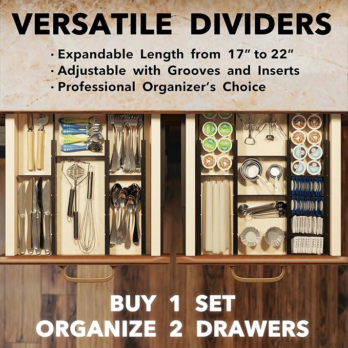 SpaceAid Bamboo Drawer Dividers with Inserts and Labels, Kitchen Adjustable Drawer Organizers, Expandable Organization for Home, Office, Dressers, 7 Dividers with 15 Inserts (17"-22" Black) - Image 5