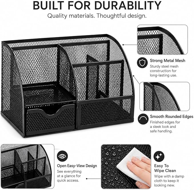 Exerz Desk Organizer 7 Compartment Pencil Holder Office Tidy Caddy Black | Metal Mesh Caddy for Pens Notes Paper Clips and Small Desk Items Compact Stylish for Home Office Study - Image 5