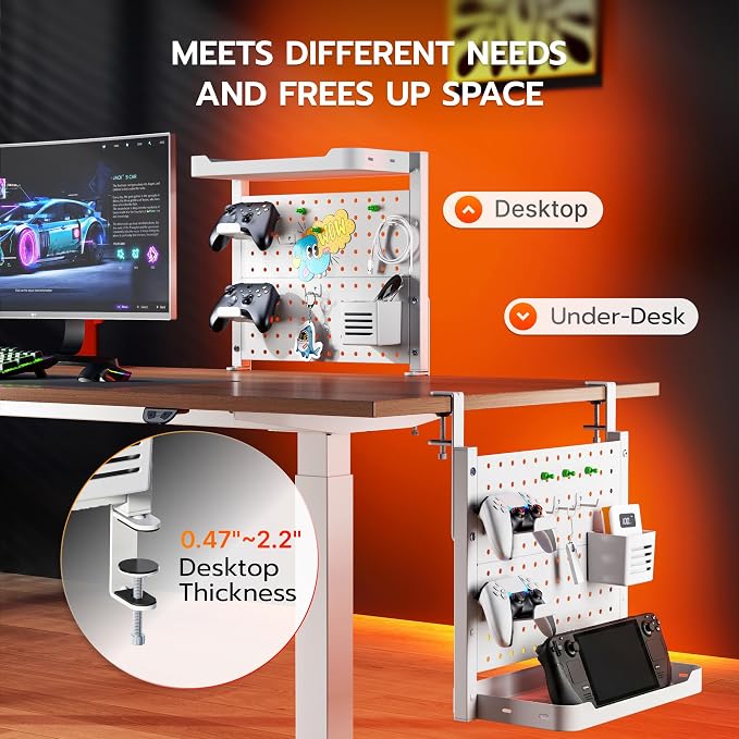 ARES WING Desk Clamp On Pegboard with 16 inches Organizer Shelf, White | Adjustable Above or Under Desk Storage Shelf Holds 44 lbs, Magnetic Metal Peg Board for Office and Gaming Accessories - Image 4