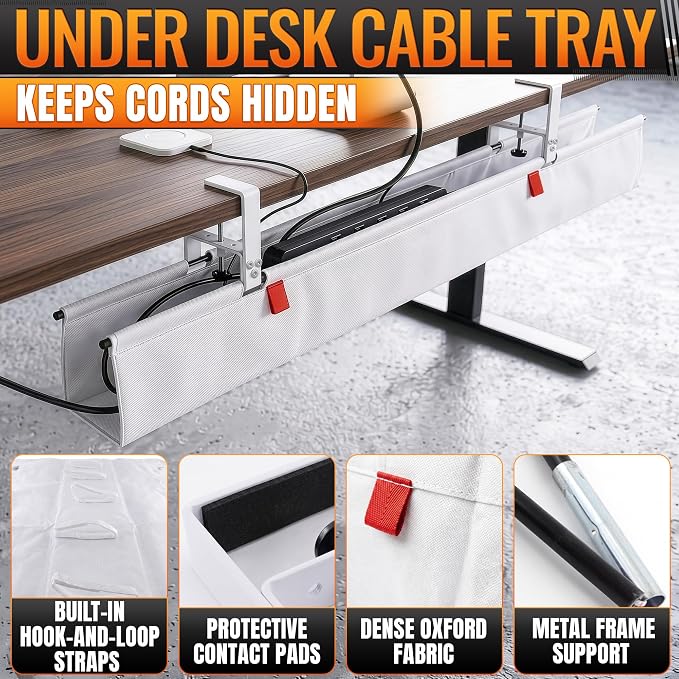 Under Desk Cable Management Tray 48" — No Drill Clamp-On Cord Organizer for Desk with Built-in Ties, Heavy Duty Metal Clamp, Foldable 600D Oxford Fabric for Home Office, WFH & Gaming PC Setup (White) - Image 7