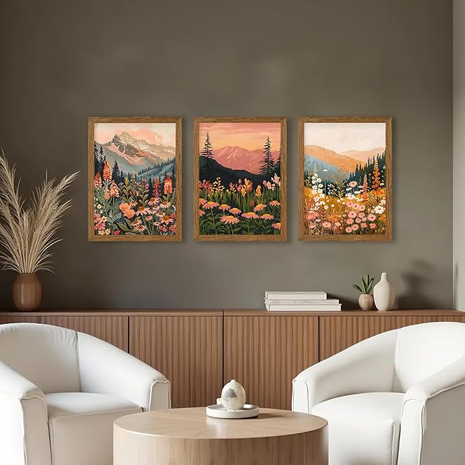 InspiredHues Colorful Landscape Boho Canvas Wall Art Set, 3 Piece Wildflower Mountain Wall Decor, Vintage Floral Rustic Nature Artwork Prints for Living Room Bedroom Office 12x16 Inch Wood Framed