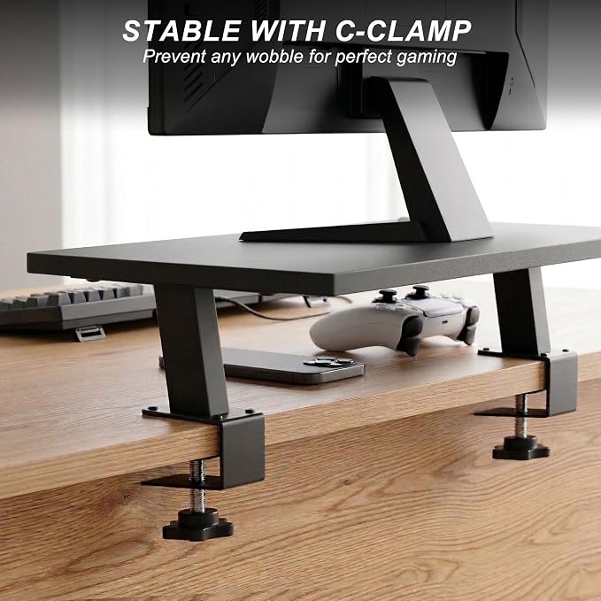 15-Inch Desktop Clamp-on Shelf & Monitor Riser, 2-in-1 Reversible Design – Fits Either Side of Desk, C-Clamp for Stability, Holds 44 lbs, for Gaming PC, Console & Office Setup - Image 7