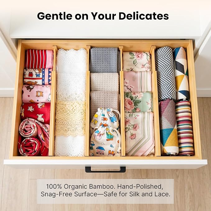 4 Pack 2.36" Bamboo Drawer Dividers, 17-22" Expandable Kitchen Organizers | Adjustable Spring-Loaded Tension Separators with Foam Pad for Clothes, Utensils, Kitchen, Dresser, Nursery & Bathroom - Image 6