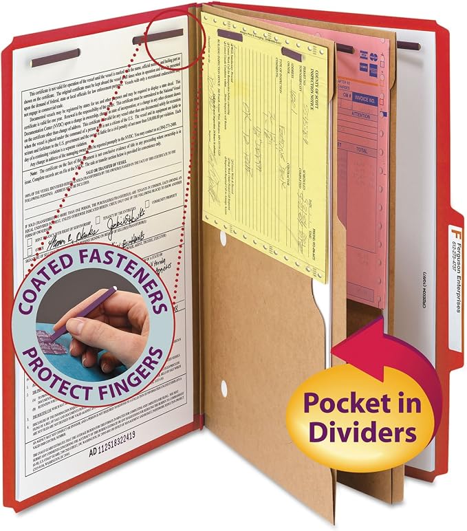 Smead Pressboard Classification File Folder with SafeSHIELD Fasteners, 2 Pocket Dividers, 2" Expansion, Legal Size, Bright Red, 10 per Box (19082) by SMEAD