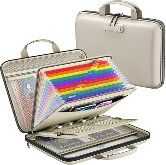 Fireproof File Organizer with Lock, Hard-Shell Document Box, Beige | Water Resistant, 13-Pocket Expanding Folder, Portable Safe Storage for Letter Legal Files, Laptop, Valuables, Large Capacity by ZOOPIP