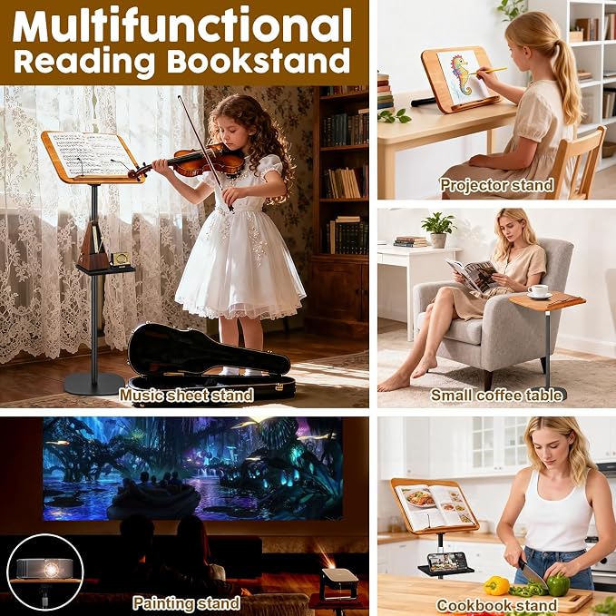 2 in 1 Dual-use Music Stand & Desktop Book Stand, Adjustable Height 16.5"-51", 100% Solid Wood Laptop Floor Stand Book Holder with Elastic Page Clips for Cookbooks (Brown with Tray) - Image 4