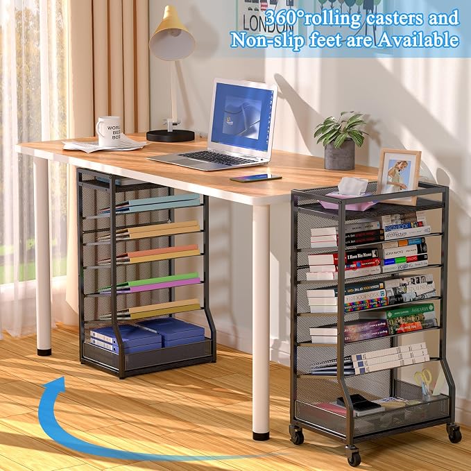 ThreeHio 7 Tier Rolling File Cart with Sliding Trays, Wood Metal File Organizer Beside Desk, Free-Standing File Holder, Paper Letter Tray Organizer Mesh Desk Organizer for Home Office School (Patent) - Image 4