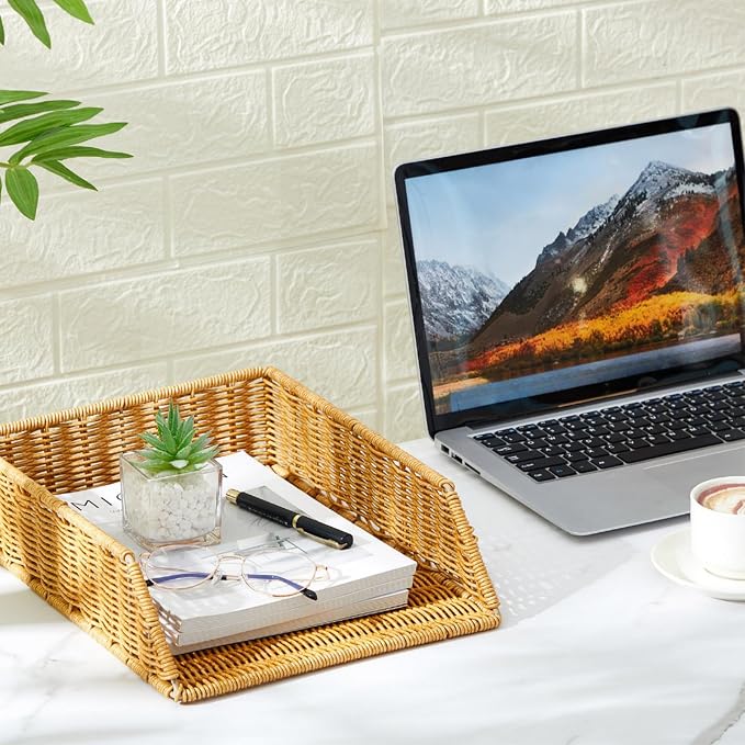 Yeaqee 2 Pcs Paper Tray Organizer for Desk Woven Letter File Organizer A4 File Tray Desk Paper Basket Letter Size Imitation Rattan Holder Organization Rack for Office Storage(Brown,Sleek Style) - Image 6