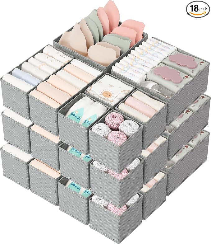 Drawer Organizers 18-Piece Set, Dresser Organizer for Baby Clothes, Foldable Closet Storage & Drawer Dividers for Underwear, Socks, Nursery (Gray) by Criusia