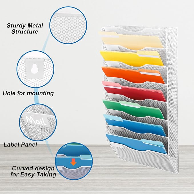 8 Pocket Mesh Hanging Wall File Organizer, Wall Mounted Mail Paper Document Folder Holder, Clipboard Storage Organization Magazine Rack with Nametag Label for Office Home School, White - Image 3