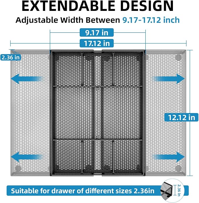Marbrasse Expandable Desk Drawer Organizer, Mesh Drawer Organizer Tray with 10 Adjustable Compartments, Desk Organizers and Accessories, 5 Dividers Drawer for Office Supplies, Makeup & Vanity (Black) - Image 2