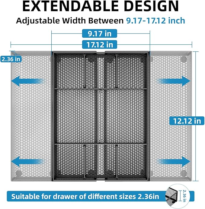 Marbrasse Expandable Desk Drawer Organizer, Mesh Drawer Organizer Tray with 10 Adjustable Compartments, Desk Organizers and Accessories for Office Supplies, Makeup & Vanity (Expandable Black-2 pack) - Image 2