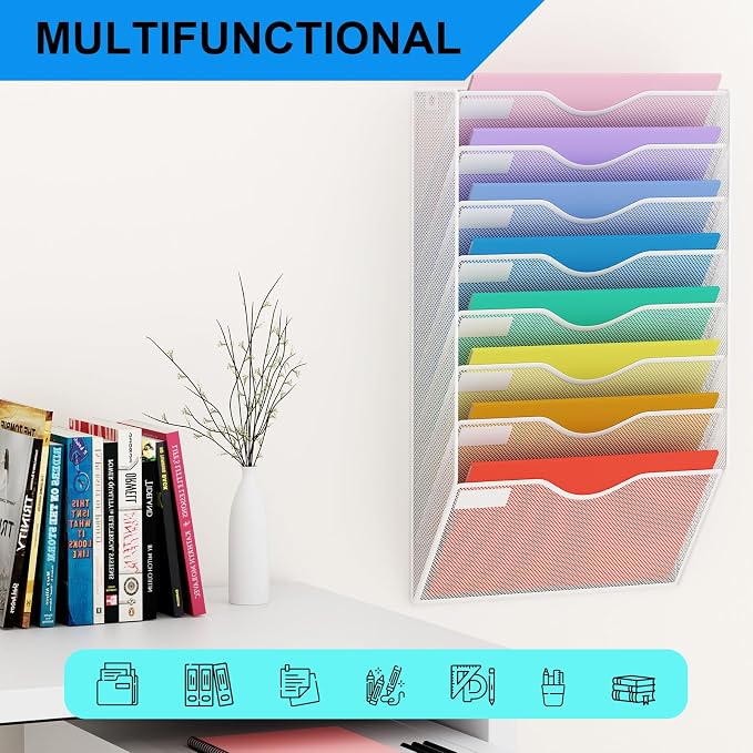8 Pockets Mesh Hanging Wall File Holder Organizer Wall Mounted Paper Magazine Rack, White - Image 6