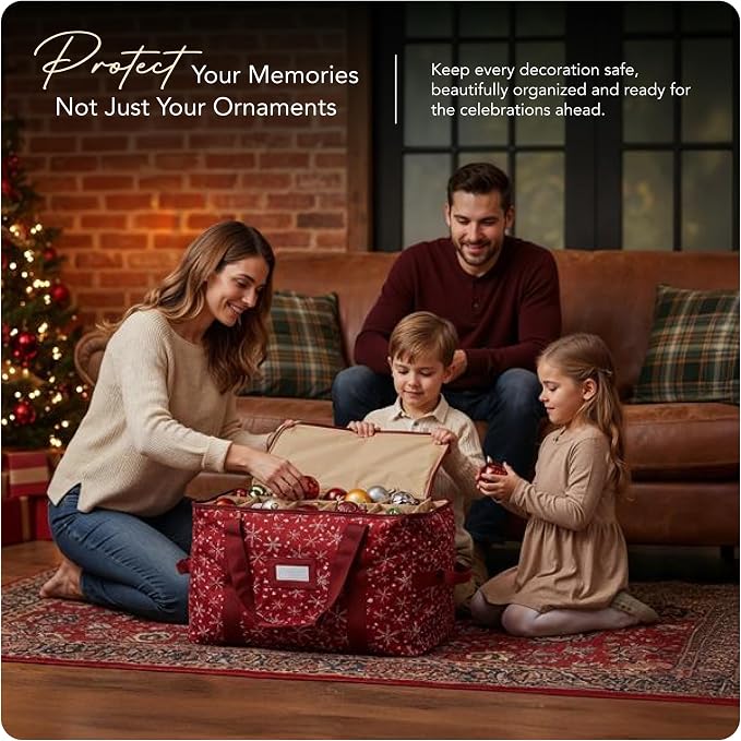 Covermates Keepsakes Adjustable Ornament Storage Bag – Heavy-Duty Polyester, Padded Dividers & FlexGrid Trays – Protective Holiday Ornament Organizer with Handles & Label Window, Red Snowflake - Image 2