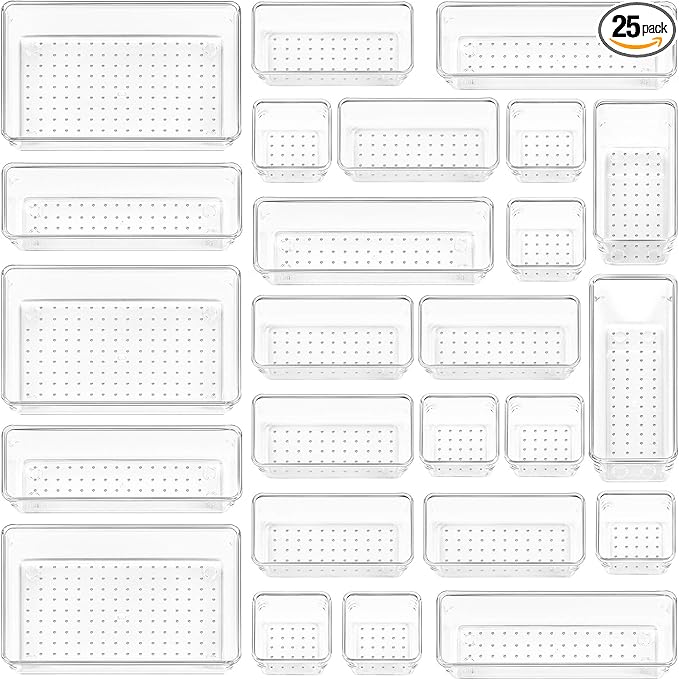 Vtopmart 25 PCS Clear Plastic Drawer Organizers Set, 4-Size Versatile Bathroom and Vanity Drawer Organizer Trays, Storage Bins for Makeup, Bedroom, Kitchen Gadgets Utensils and Office | 4-Size Versatile Makeup Organizer, Storage Containers Small Bins f... by Vtopmart