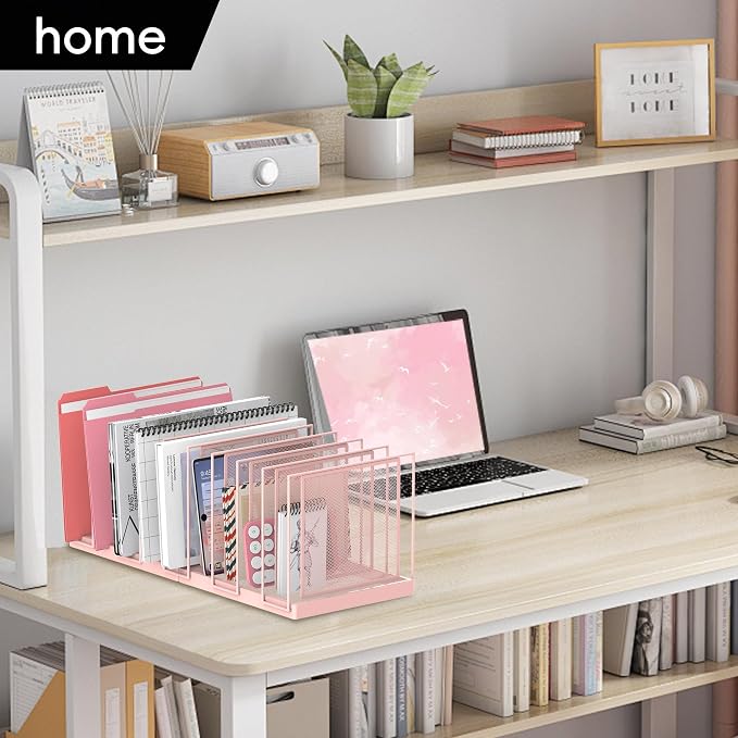 9-Section Desk File Organizer, Vertical File Holder, Mesh Desktop File Folder Metal File Organizer Stand for Office Home Classroom, Pink - Image 7