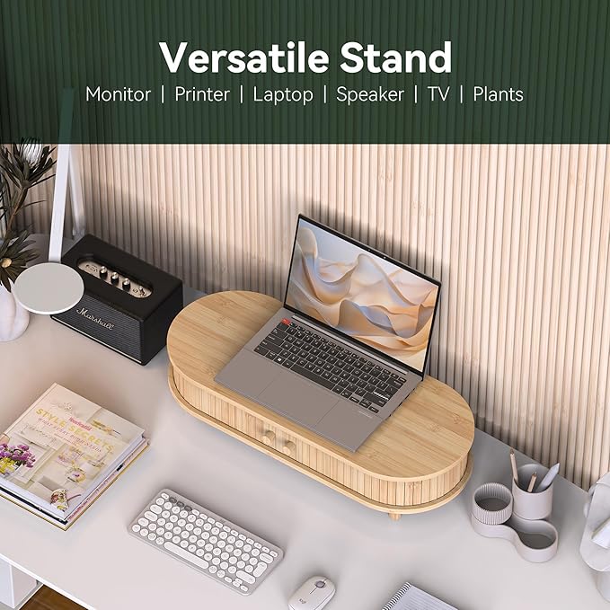 Bamboo Monitor Stand with Storage, 25 Inch Desk Shelf Riser | Curved Computer Laptop Stand Desk Shelf Organizer with Sliding Doors for 47-55 Inch Desk - Image 3