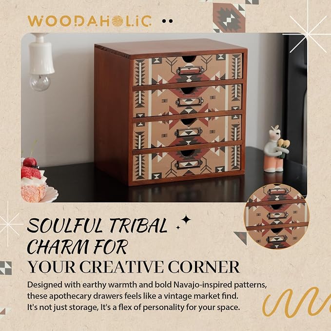 Boho Navajo Wooden Desk Organizer with Drawers – 4-Drawer Desktop Storage Box – Rustic Tribal Wood Desk Organizer for Office, Vanity, or Craft Supplies – Compact & Stylish Wooden Storage Drawers - Image 7