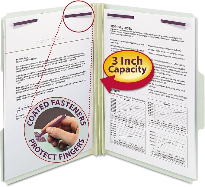Smead Pressboard Fastener File Folder with SafeSHIELD Fasteners, 2 Fasteners, 1/3-Cut Tab, 3" Expansion, Letter Size, Gray/Green, 25 per Box (14944) by SMEAD