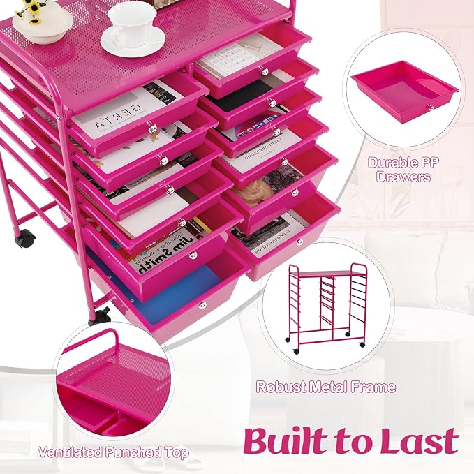 GOFLAME 12-Drawer Rolling Storage Cart, Multipurpose Organizer Cart with 2 Sizes Plastic Drawers, Mobile Utility Cart with Lockable Casters for School, Home Office, Beauty Salon, Hot Pink - Image 6