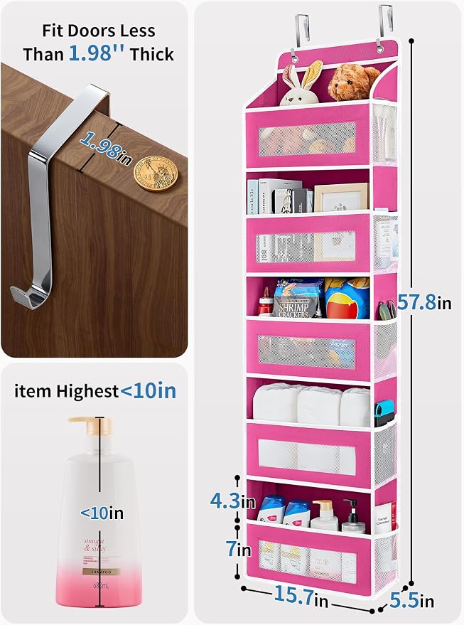 JARLINK Over the Door Organizer for Bedroom, Bathroom, 5 Shelf Rose Pink | Anti-Tilt Design, 44 lb Load Capacity, Hanging Door Organizer with 5 Large Capacity Pockets, Behind Door Storage for Nursery - Image 3