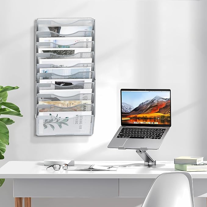 EasyPAG Wall File Organizer for Office 10 Pocket Mesh Wall Mounted Paper Organizer Hanging Folder Holder with Nametag Label for Home School, Silver - Image 7