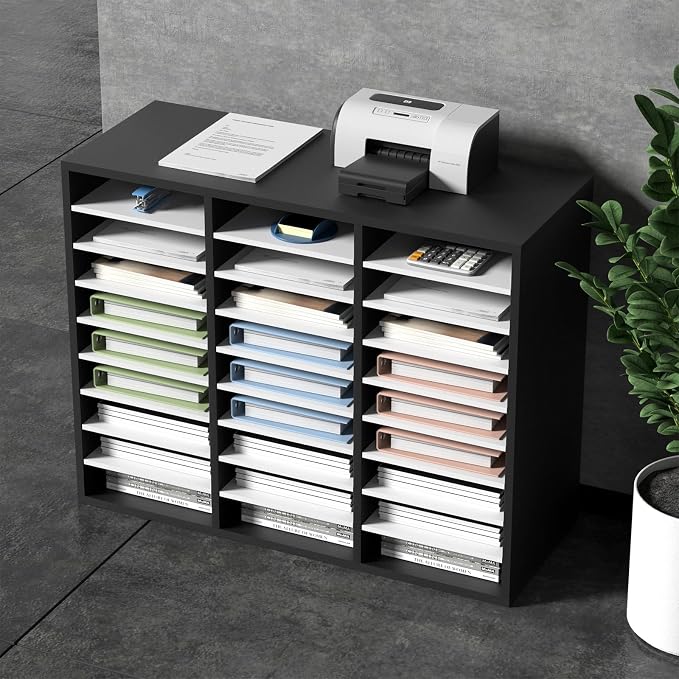 VEVOR 27 Compartments Wood Literature Organizer, Adjustable Shelves, Medium Density Fiberboard Mail Center, Office Home School Storage for Files, Documents, Papers, Magazines, Black+White - Image 8