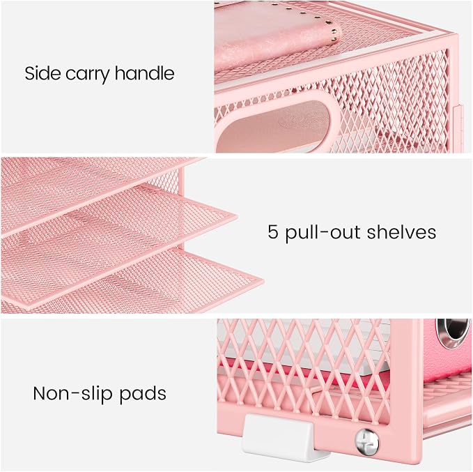Lavatino 2 Pack 8-Tier Office Desk File Organizer, Letter Tray Paper Organizer with Handle, Including 5 Adjustable Slide Trays for Organizing Desk Workspace Accessories and Supplies (Pink Mesh) - Image 3