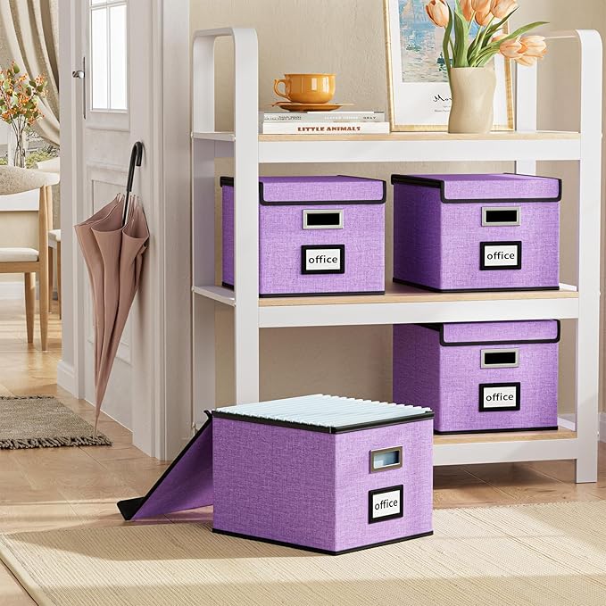 File Organizer Box with Lids, Collapsible File Folder Organizer | File Box with Plastic Slides for Office Document Storage, Filing Bin for Letter Size Hanging File Folders (1 Pack, Lavender) - Image 2