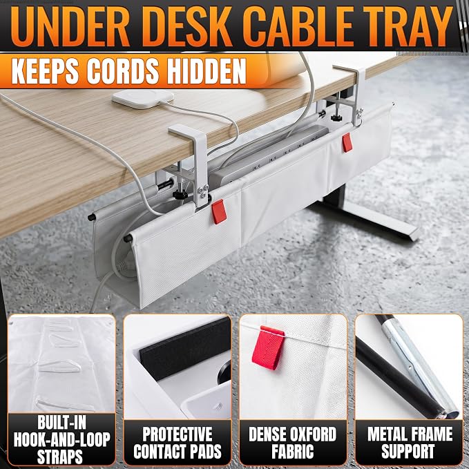 Under Desk Cable Management Tray 28" — No Drill Clamp-On Cord Organizer for Desk with Built-in Ties, Heavy Duty Metal Clamp, Foldable 600D Oxford Fabric for Home Office, WFH & Gaming PC Setup (White) - Image 4
