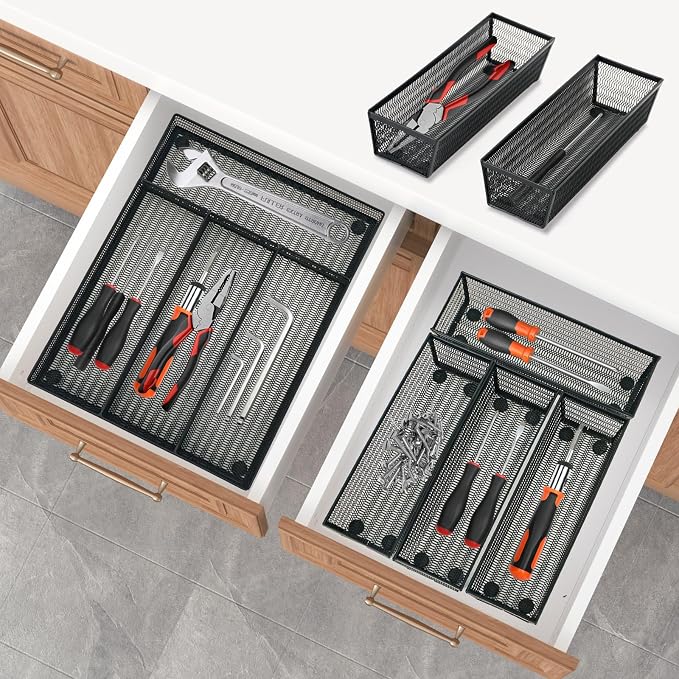 Neudeco Drawer Organizer Set, Black Mesh, 5 Pack | 4-Compartment Silverware Organizer Tray, 4 Utensil Trays, For Flatware, Cutlery, Office Supplies, Non-Slip - Image 7