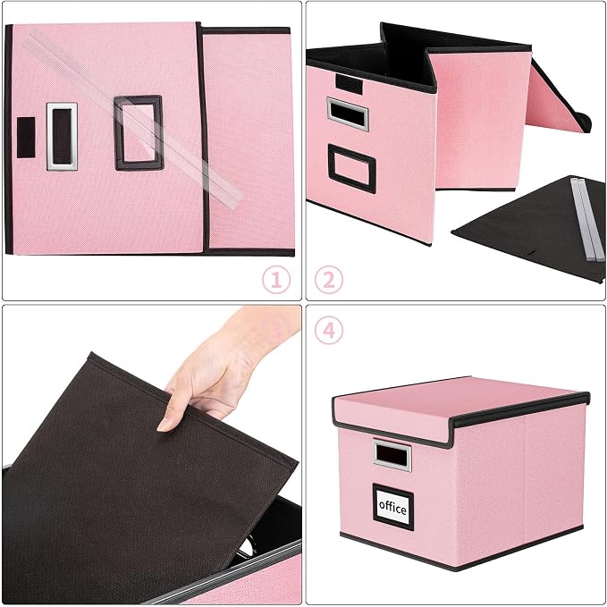 File Organizer Box with Lids, Collapsible File Folder Organizer | File Box with Plastic Slides for Office Document Storage, Filing Bin for Letter Size Hanging File Folders (1 Pack, Pink) - Image 7