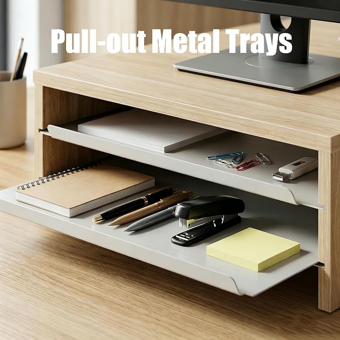 Fenge 14.3-Inch Monitor Stand with Slide-Out Trays, Wood & Metal Desk Shelf | 3-Tier Space-Saving Desk Storage Organizer, Fits Computer, Laptop, Printer and Telephone - Image 4