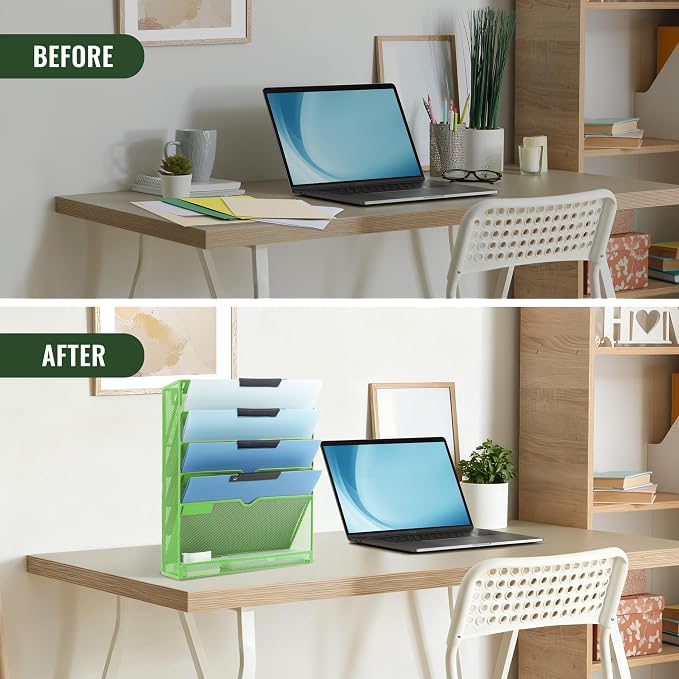 6 Tier Mesh Hanging Wall File Organizer, Desk Vertical Mail Paper Document Folder Holder Rack with Bottom Tray and Nametag Label for Office Home School, Green - Image 5