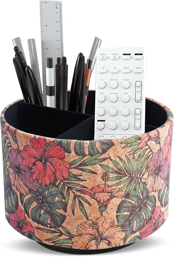 Round Leather Art Supply Organizer,Remote Control Holder,360 Degree Spinning,Multi-Functional Pencil Holder,4 Compartments Desktop Stationary Organizer(1-Wood Leather Banana)