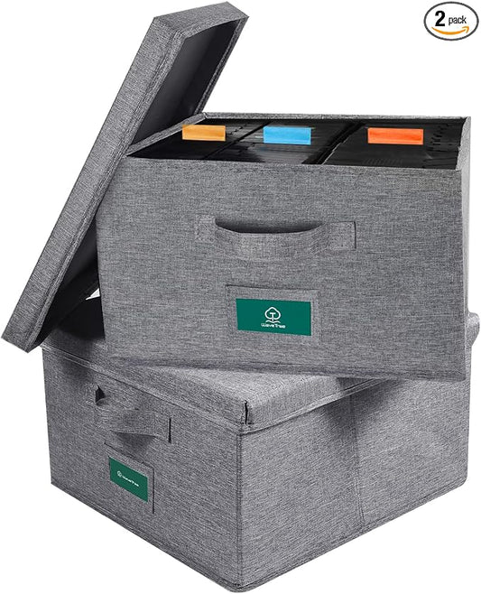 VHS Storage Box with Lid pack of 2, Practical VHS Storage Case with Index Labels, 14.4 x 13.4 x 8.2 Inches VHS Holder Storage Containers Hold up to 84 VHS Tapes- Gray by TWaveTree