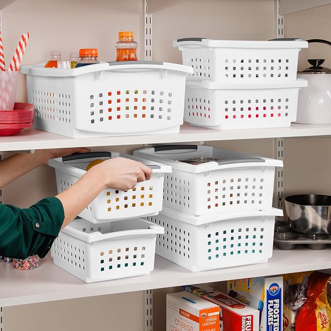 Sterilite 12 Pack Medium Stacking Basket, Open Top Storage Bin with Handles, White - Ideal for Home Closets, Kitchens, or Office Organization - Image 5