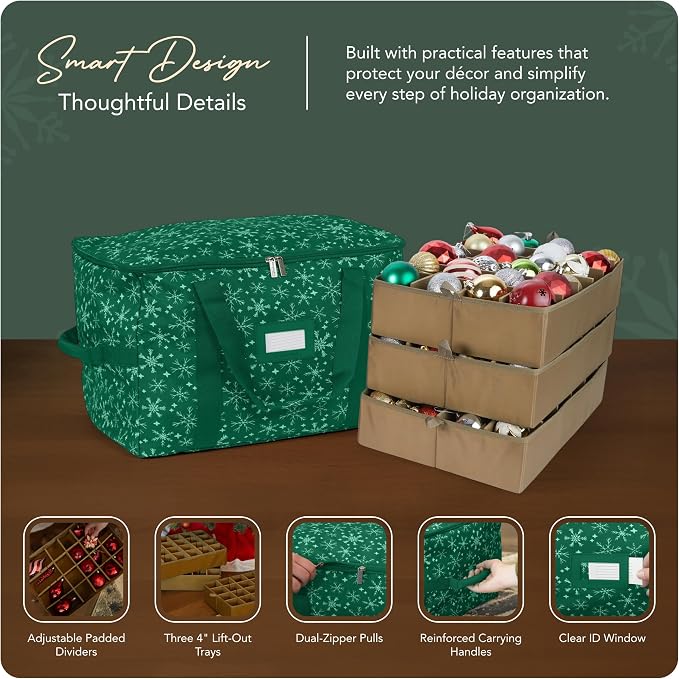 Covermates Keepsakes Adjustable Ornament Storage Bag – Heavy-Duty Polyester, Padded Dividers & FlexGrid Trays – Protective Holiday Ornament Organizer with Handles & Label Window, Green Snowflake - Image 4