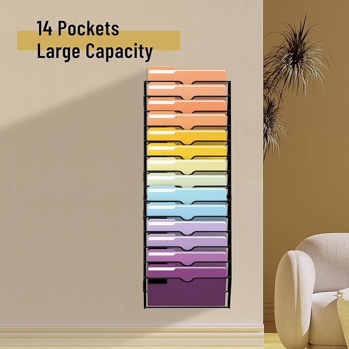 14-Tier Wall File Organizer, Mesh Hanging Wall Mount File Holder | Paper, Folder, Magazine Rack Great for Office Home School, Assembly Needed, Black - Image 2