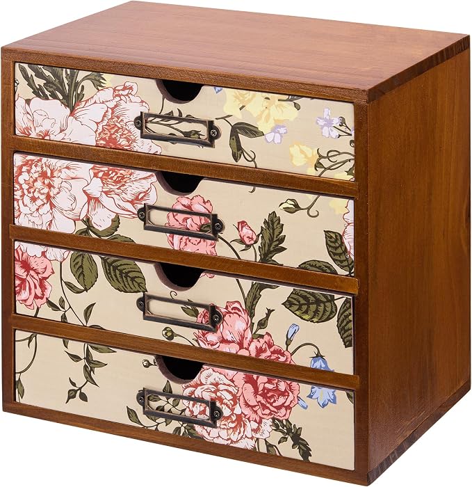 4-Drawer Vintage Desk Organizer with Jacobean Pattern Pastel Flowers Curio Drawer Dresser, Closet, Tabletop - Embroidery Reel Shelf Wood Desktop Organizing Cabinet - Victorian Floral Design by PrimoSupply