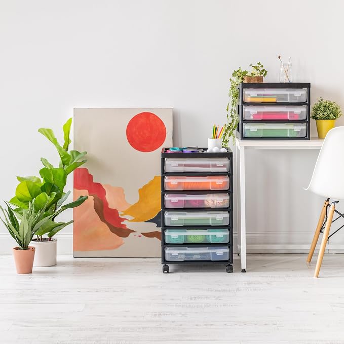 IRIS USA Rolling Cart with Drawers |Made in USA| 6-Tier Cases - Black/Clear | Fits 12"x12" Paper, Built-In Handles, Storage Unit with Supply Top for Craft, Art, Office Supplies, Pens & Pencils - Image 2