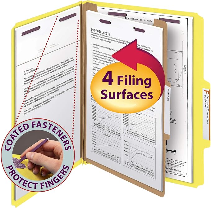 Smead Pressboard Classification File Folder with SafeSHIELD Fasteners, 1 Divider, 2" Expansion, Letter Size, Yellow (13734), (Pack of 5, 50 Count Total) - Image 2